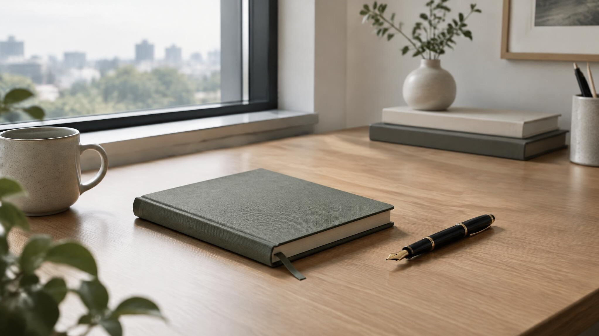 Minimalist quiet office desk with notebook and pen