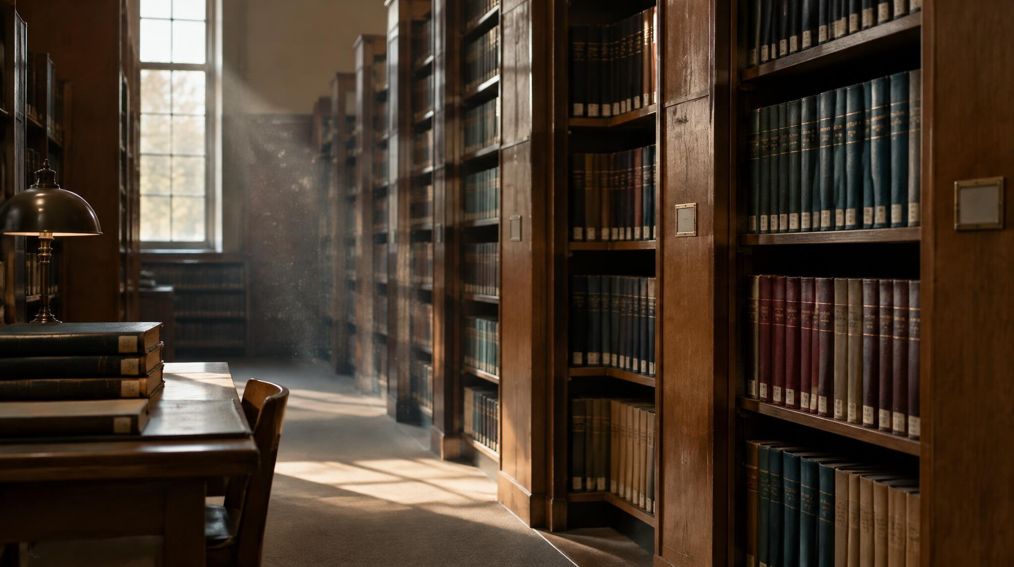 Rows of archival bookshelves in a quiet research library